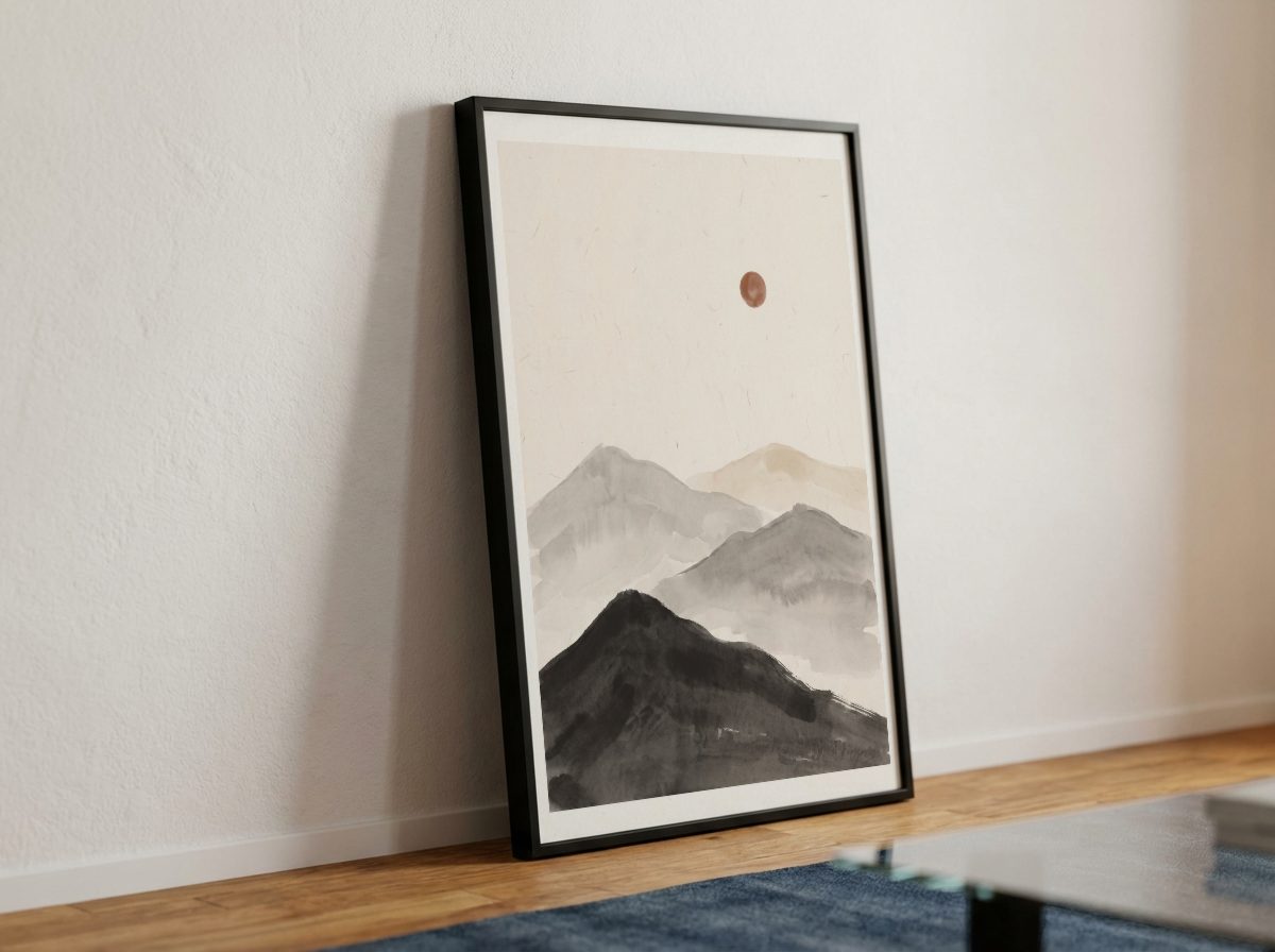 Minimalist Living Room Frame Mockup, leaning, with a sample print