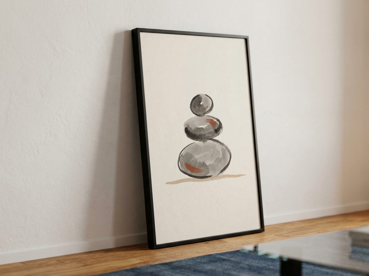 Minimalist Living Room Frame Mockup, leaning, with a sample print
