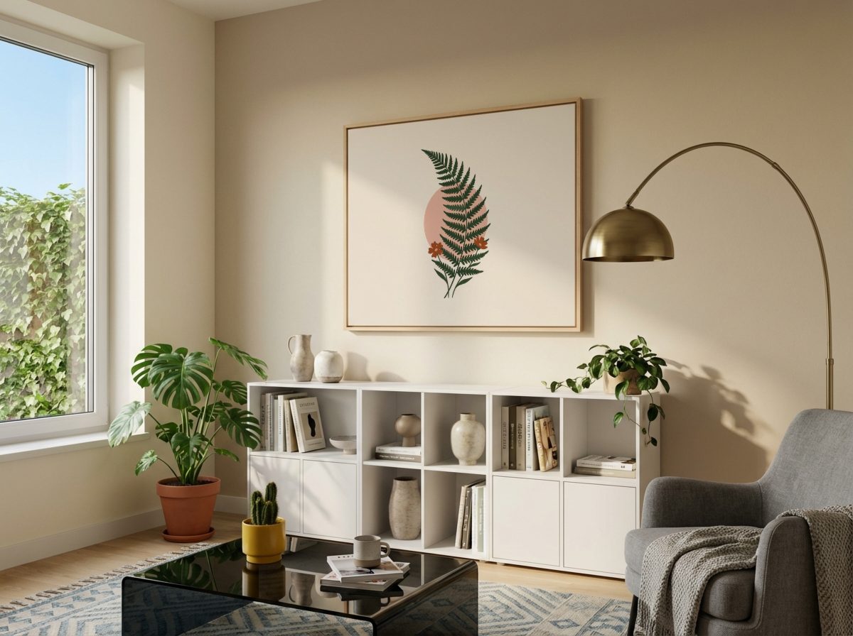 Scandinavian Living Room Frame Mockup, landscape frame, with a sample print