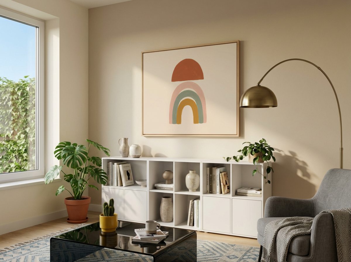 Scandinavian Living Room Frame Mockup, landscape frame, with a sample print