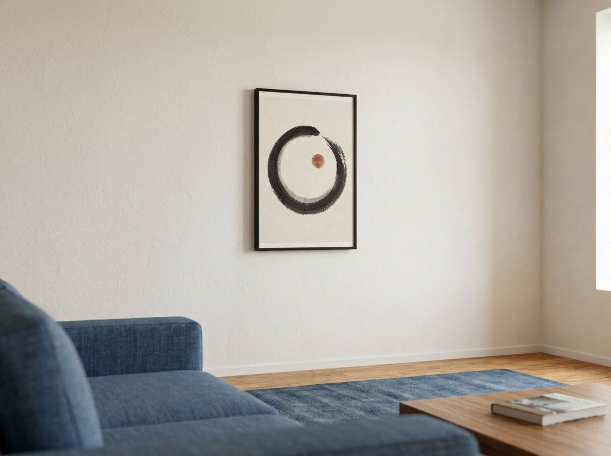 Minimalist Living Room Frame Mockup, wide shot, with a sample print