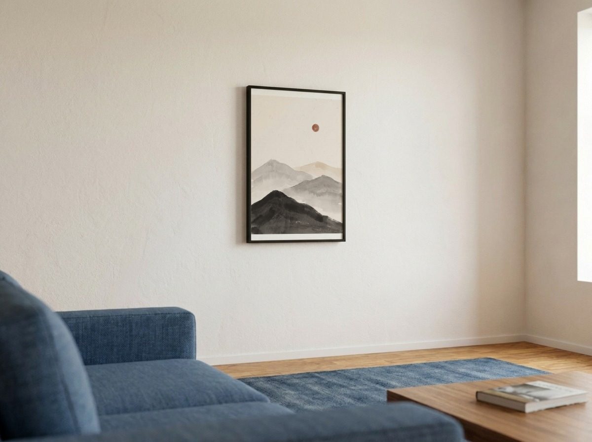 Minimalist Living Room Frame Mockup, wide shot, with a sample print