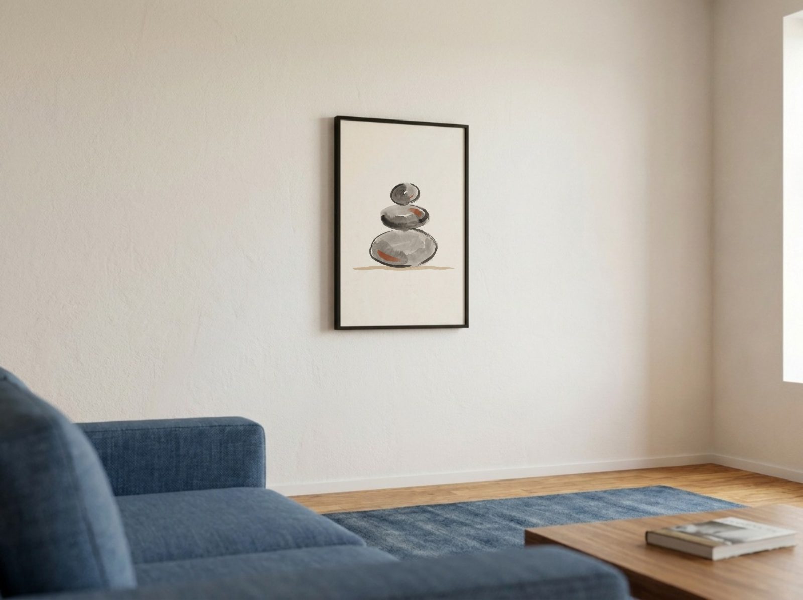 Minimalist Living Room Frame Mockup, wide shot, with a sample print in the frame