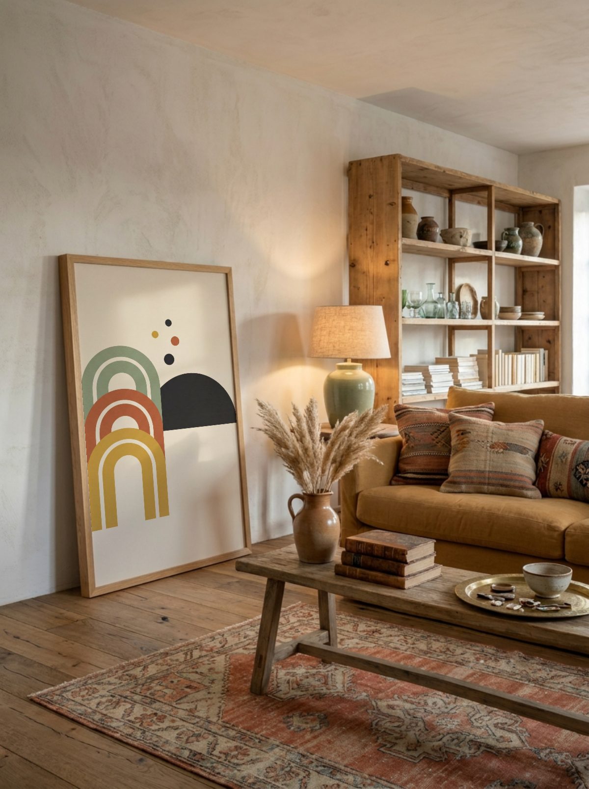 Boho Living Room Frame Mockup, tall, leaning, with a sample print