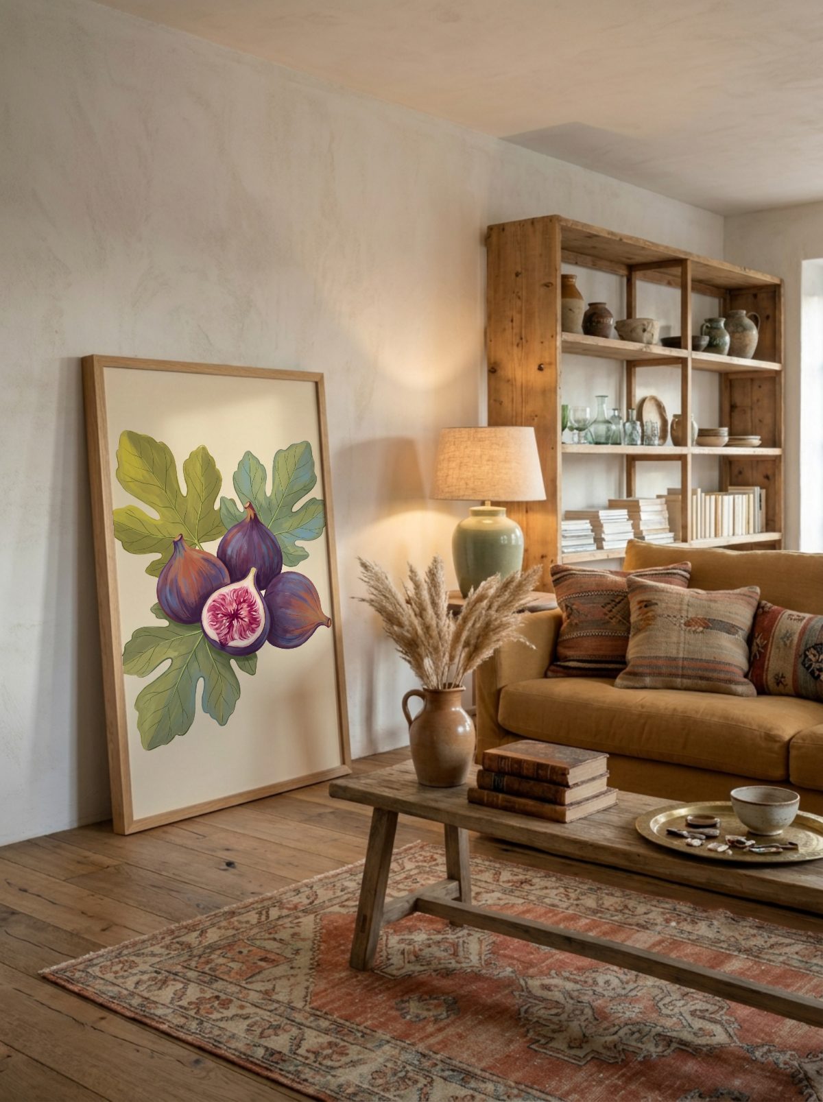 Boho Living Room Frame Mockup, tall, leaning, with a sample print