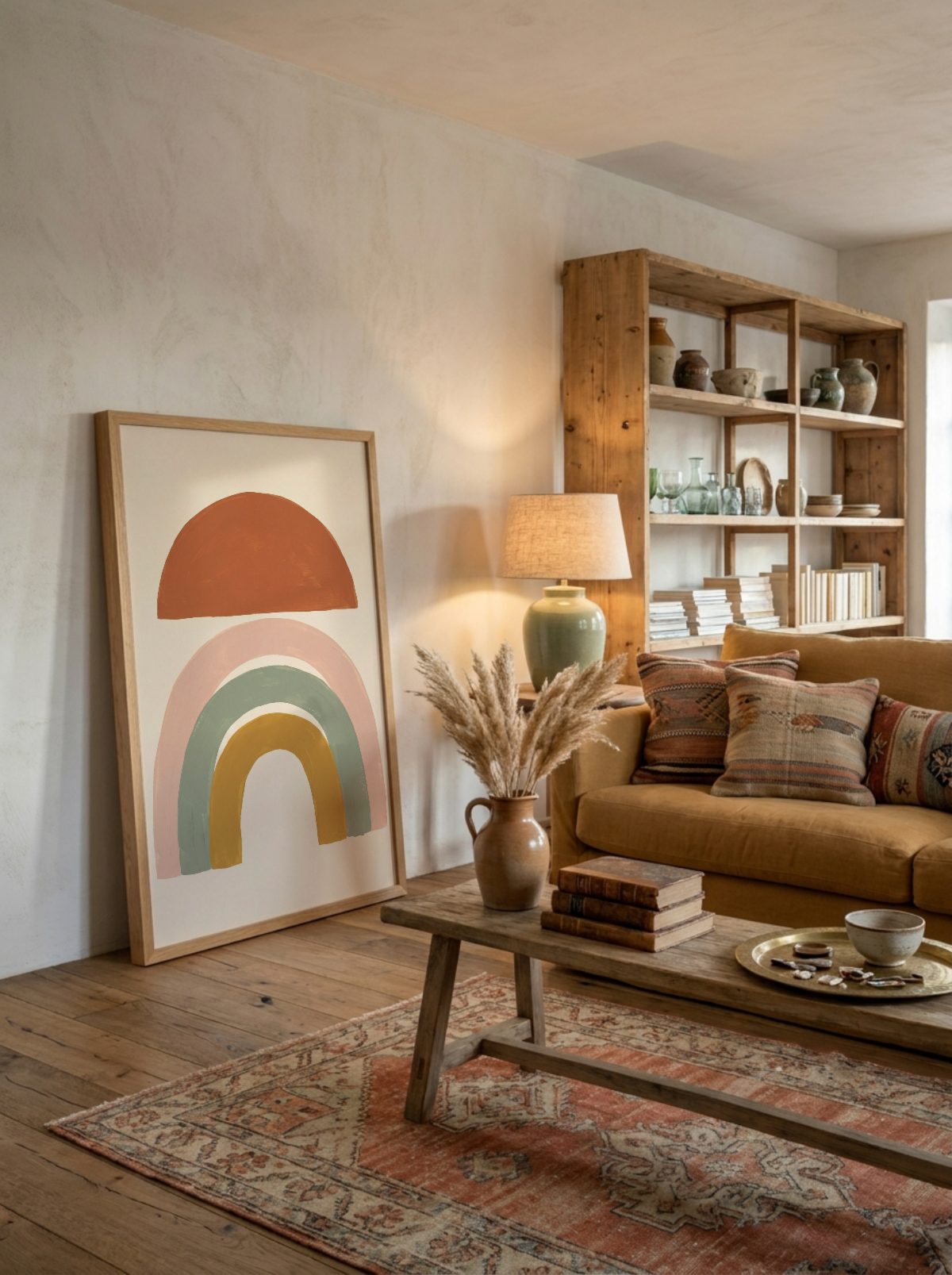 Boho Living Room Frame Mockup, tall, leaning, with a sample print