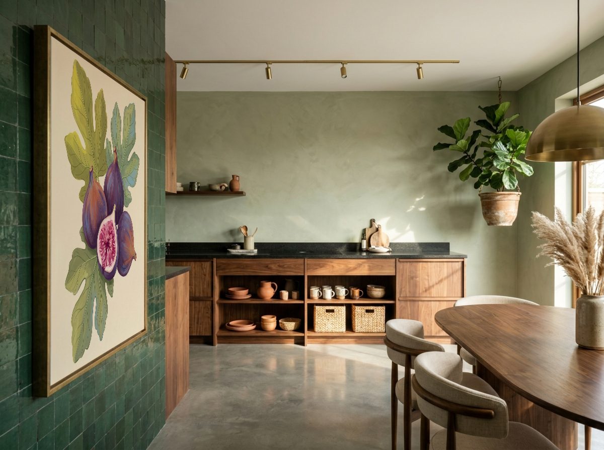 Japandi Kitchen Frame Mockup, on the tiles, with a sample print