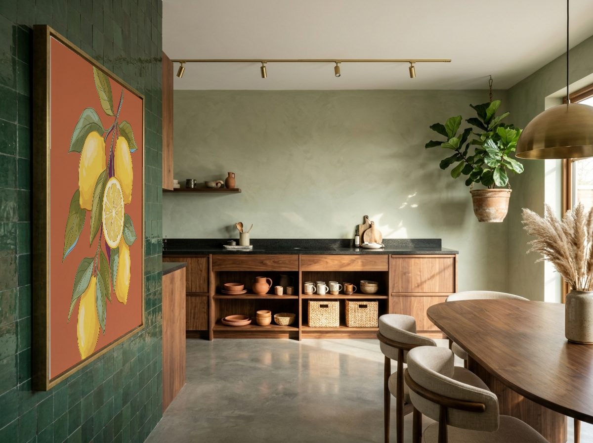 Japandi Kitchen Frame Mockup, on the tiles, with a sample print
