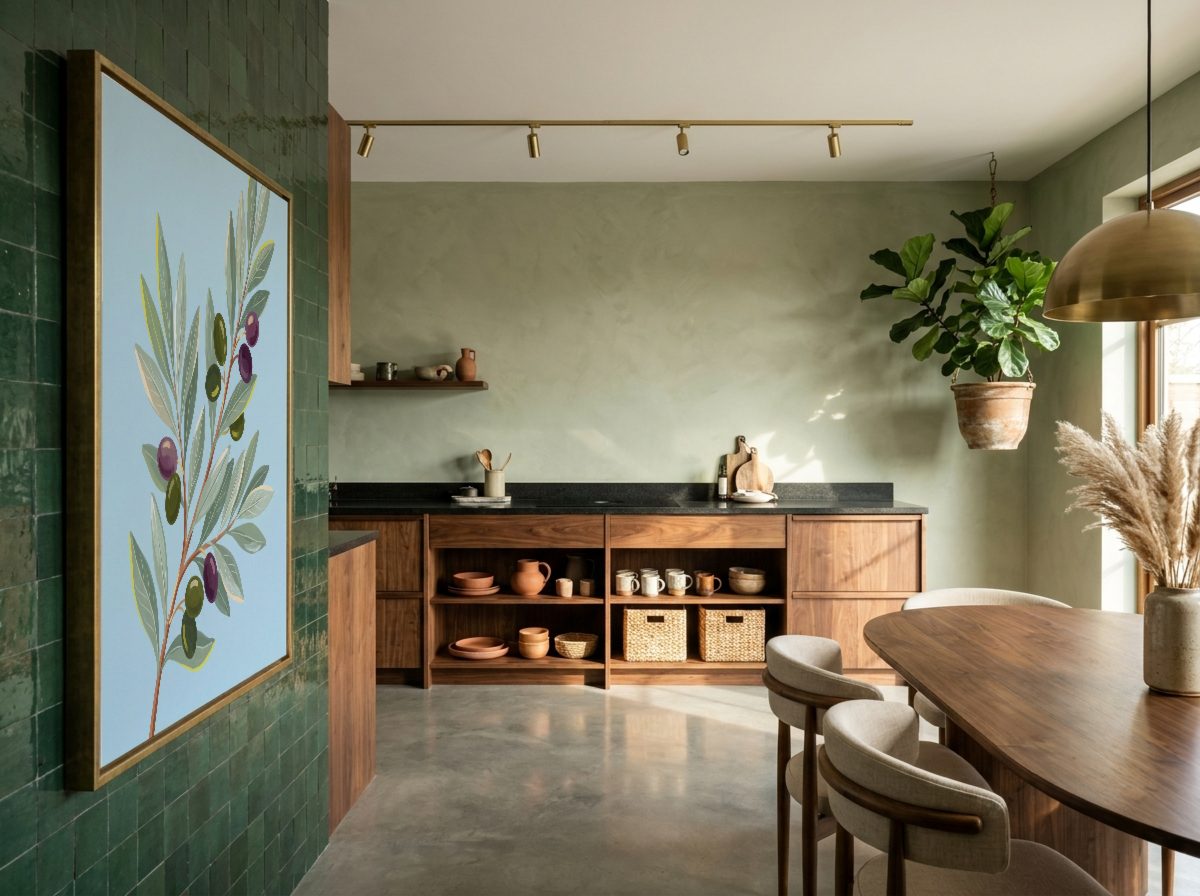 Japandi Kitchen Frame Mockup, on the tiles, with a sample print