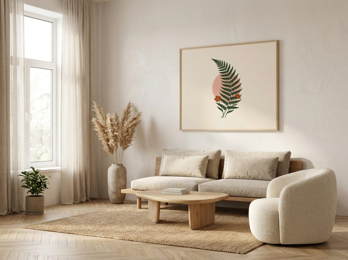 Japandi Living Room Frame Mockup, landscape frame, with a sample print