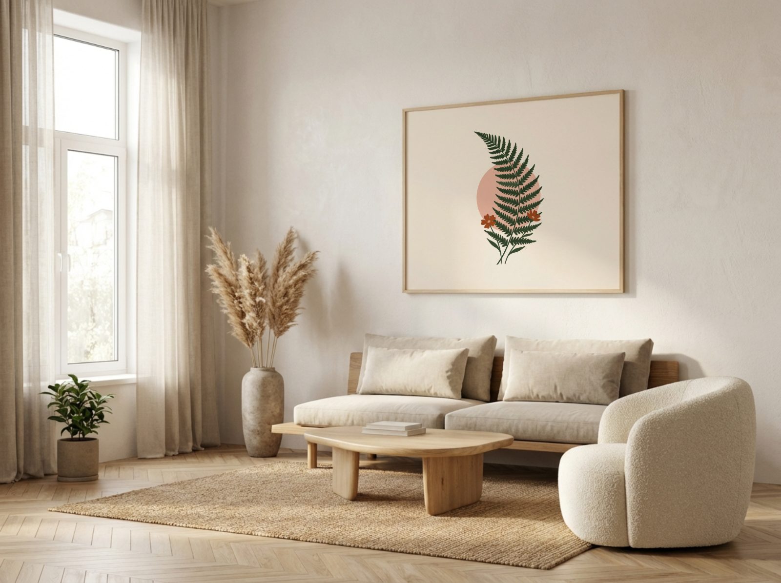 Japandi Living Room Frame Mockup, landscape frame, with a sample print in the frame