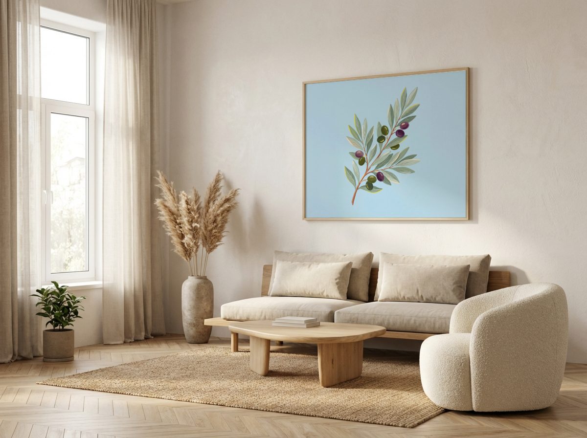 Japandi Living Room Frame Mockup, landscape frame, with a sample print