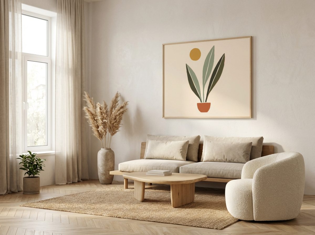 Japandi Living Room Frame Mockup, landscape frame, with a sample print