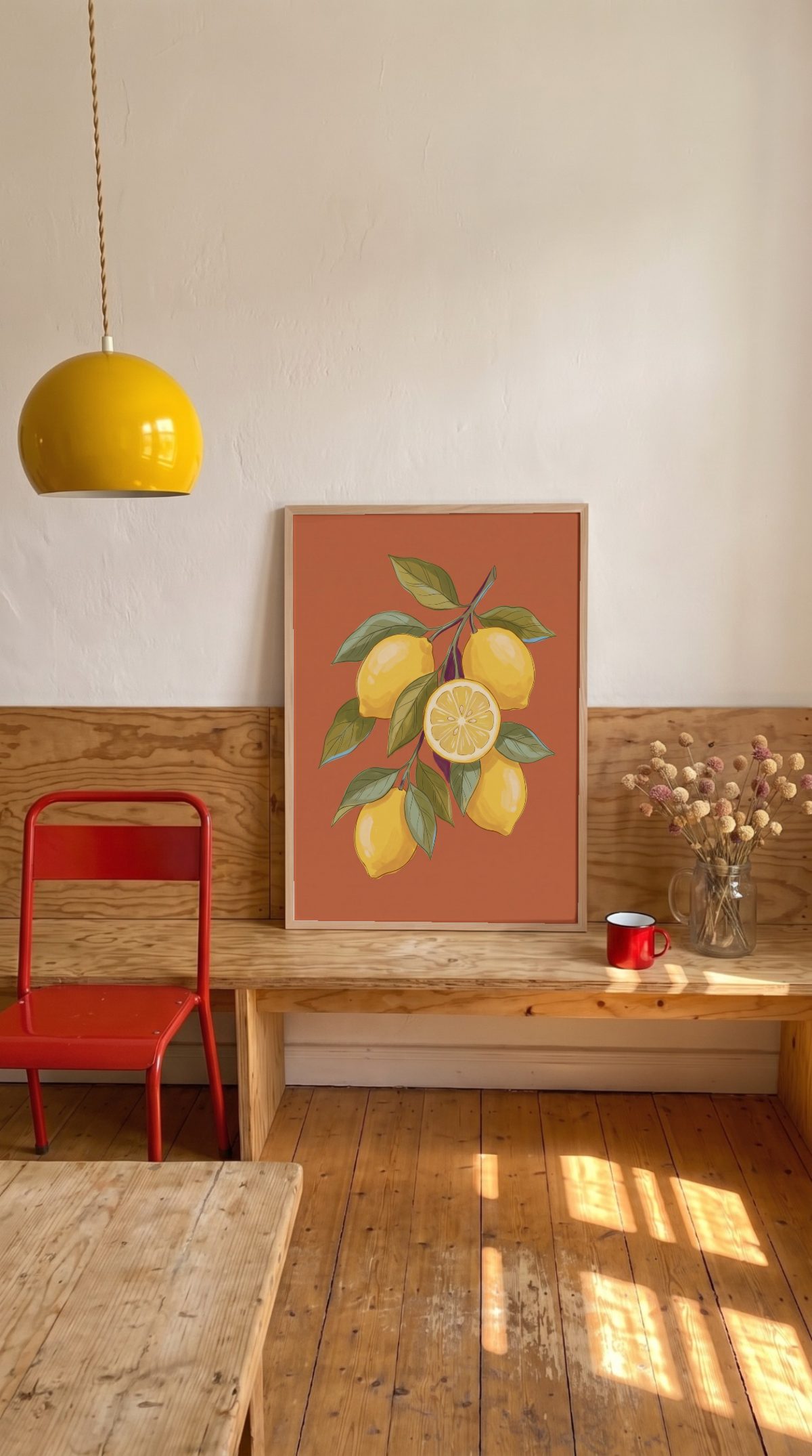 Dining Nook Frame Mockup, under the lamp, with a sample print