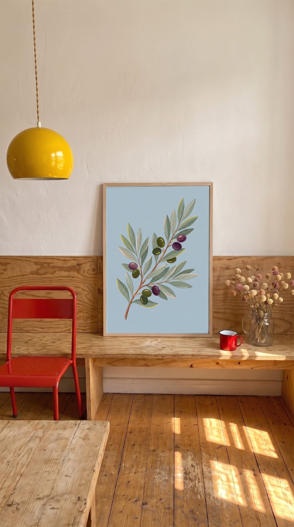 Dining Nook Frame Mockup, under the lamp, with a sample print