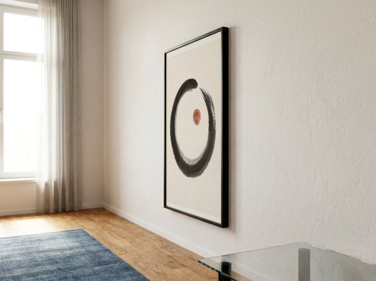 Minimalist Living Room Frame Mockup, side angle, with a sample print