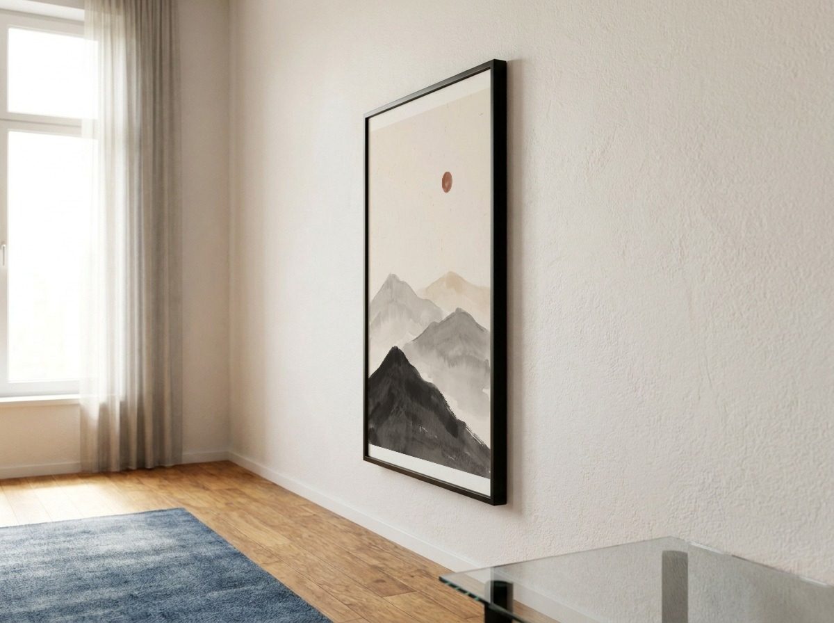 Minimalist Living Room Frame Mockup, side angle, with a sample print